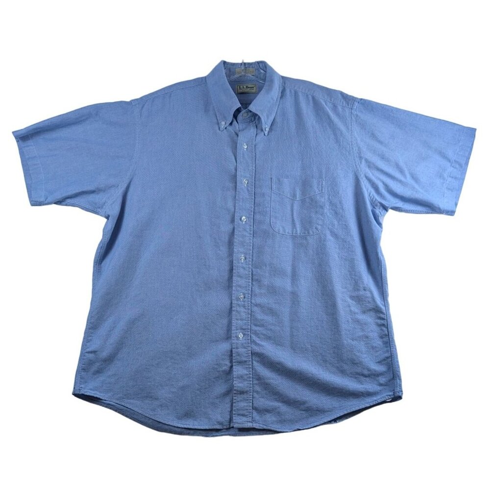 VTG LL Bean Mens Blue Short Sleeve Button-Up Shirt Size 17 1/2 USA Single Stitch